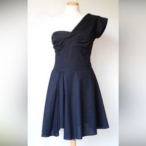 Kate Moss Topshop Asymmetrical one shoulder Black Cotton Swiss Dot dress size 6